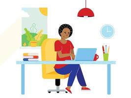 freelance vrouwelijke meisje zakenvrouw ontspannen werken op laptop op het kantoor aan huis. vrouw, notebook, bureau, boeken, pen, potlood, lamp, kopje koffie, raam, klok vlakke stijl vectorillustratie geïsoleerd illustration vector