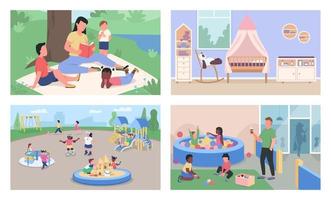 kinderopvang en kinderdagverblijf egale kleur vector illustratie set