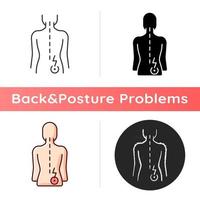 rechtsonder pijn in de rug pictogram. verstuikingen en verrekkingen. spiergerelateerde eenzijdige rugpijn. heuppijn. gevoeligheid, zwelling. lineaire zwarte en rgb-kleurstijlen. geïsoleerde vectorillustraties vector