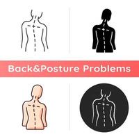 ongelijke schouders icoon. houdingsverandering. moeite met lopen. rugpijn. skeletonevenwichtigheden in het lichaam. asymmetrische uitlijning. lineaire zwarte en rgb-kleurstijlen. geïsoleerde vectorillustraties vector