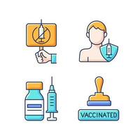 immunisatie tegen virus rgb kleur iconen set. anti vaxxer protest. vaccinatie voor volwassenen. goedgekeurde pas voor gevaccineerde patiënt. injectieflacon met spuit. gezondheidszorg en medicijnen. geïsoleerde vectorillustraties vector