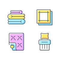 huishoudelijke textiel rgb kleur iconen set. gevouwen vellen. elektrische deken. keuken servetten. linnen beddengoed. geïsoleerde vectorillustraties. textielproduct eenvoudige gevulde lijntekeningen collectie vector