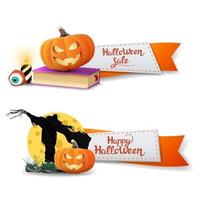 halloween-uitverkoop, twee kortingsbanners in de vorm van linten met spreukenboek, vogelverschrikker en pompoenjack vector