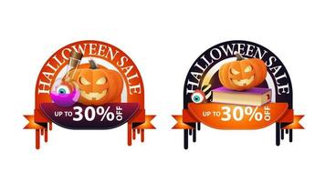 halloween-uitverkoop, -30 korting, twee ronde kortingsbanners met spreukenboek, heksendrank en pompoenhefboom vector