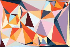 een abstract schilderij van driehoeken in oranje, blauw en rood vector