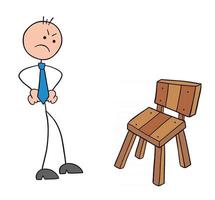 stickman zakenman karakter wordt boos als hij de houten stoel vector cartoon illustratie ziet