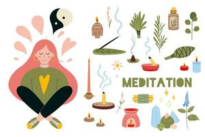 vrouw mediteren met gekroond poten. meditatie praktijk set. concept van zen en harmonie, kom tot rust, recreatie, gezond levensstijl. vector illustratie in vlak tekenfilm stijl.