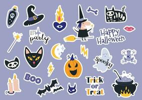 gelukkig halloween stickerpakket met pompoenen, knuppel, decoratie elementen. Boheems mystiek magie verzameling klem kunst. sticker stijl. modieus modern vector illustratie, hand- getrokken, vlak