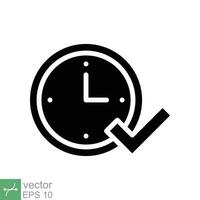 controleren Mark Aan klok icoon. gemakkelijk solide stijl. echt tijd bescherming, perfect uur, cirkel horloge, timer concept. glyph vector illustratie geïsoleerd Aan wit achtergrond. eps 10.