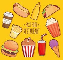 fastfood-belettering met vaste pictogrammen vector