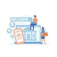 mobiel bank en online betaling concept. mensen gebruik makend van laptop en mobiel slim telefoon voor online bank en boekhouding. vlak vector modern illustratie