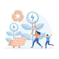 ecologie - hernieuwbaar energie. zonne- panelen, wind turbines, regen stroom. een jong vrouw en een jongen rennen. vlak vector modern illustratie
