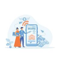 bank mobiel toepassing voor familie begroting. jong getrouwd paar gebruik makend van internet bank en accounting voor credit kaart beheren, maken deposito's online. vlak vector modern illustratie