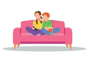 gelukkig familie aan het kijken televisie samen in leven kamer.kinderen illustratie in tekenfilm stijl vector