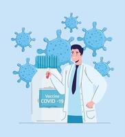 arts met covid19-virusvaccinflacon en deeltjes vector
