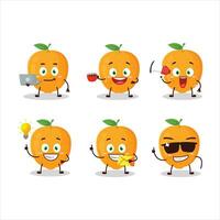 oranje fruit tekenfilm karakter met divers types van bedrijf emoticons vector
