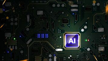 ai chipset bewerker met gouden circuits en elektronisch componenten Aan de pcb bord. futuristische kunstmatig intelligentie- CPU met moederbord. digitaal technologie illustratie concepten vector