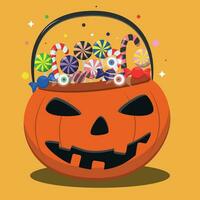 halloween vakantie, pompoen en snoepgoed, lolly, snoep, herfst, vakantie, vakantie kaart, tekenfilm vector