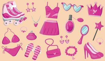 roze reeks van kleren en accessoires voor meisjes, geïsoleerd voorwerpen vector