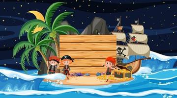 piratenkinderen bij de strandnachtscène met een lege houten bannermalplaatje vector