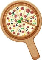 een hele pizza met pepperoni topping op houten plaat geïsoleerd vector