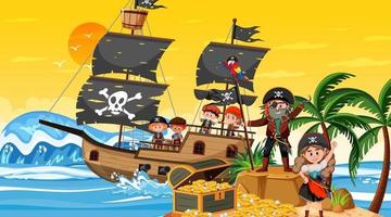 Schateilandscène bij zonsondergang met piratenkinderen op het schip vector
