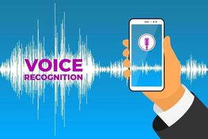 persoonlijke assistent en mobiele app voor spraakherkenning. hand houdt smartphone-apparaat met microfoonknop op het scherm en spraakgeluidsgolf. soundwave intelligente technologieën vector illustratie