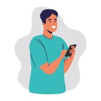 jonge man met behulp van smartphone chatten karakter vector