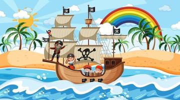 strand met piratenschip overdag in cartoon-stijl vector