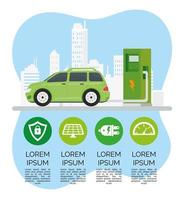 groene elektrische auto ecologie alternatief in laadstation en set pictogrammen vector