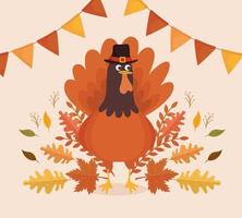 happy thanksgiving-vieringskaart met kalkoen en slingers vector