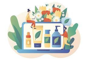 natuurlijk biologisch kunstmatig producten in flessen, potten, buizen voor huidsverzorging en haar- zorg Aan laptop scherm. biologisch schoonheidsmiddelen concept. modern vlak tekenfilm stijl. vector illustratie Aan wit achtergrond