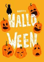 gelukkig halloween belettering. poster met jack o'lantern pompoenen, zwart kat en schoonschrift Aan oranje achtergrond vector
