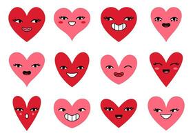 hand- getrokken hart tekens met grappig gezichten emoticon. Valentijn dag symbool. vector