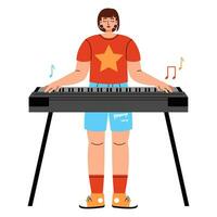 jong vrouw spelen synthesizer, elektrisch piano instrument. vlak tekenfilm vector illustratie geïsoleerd Aan wit achtergrond.