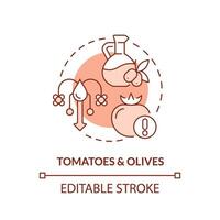 bewerkbare tomaten en olijven icoon vertegenwoordigen hitteflatie concept, geïsoleerd vector, dun lijn illustratie van globaal opwarming invloed. vector