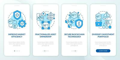 nft voordelen blauw onboarding mobiel app scherm. digitaal kunstwerken walkthrough 4 stappen bewerkbare grafisch instructies met lineair concepten. ui, ux, gui sjabloon vector