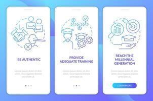 effectief werkgever-werknemer relaties blauw helling onboarding mobiel app scherm. walkthrough 3 stappen grafisch instructies met lineair concepten. ui, ux, gui sjabloon vector