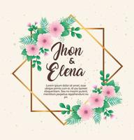 huwelijksuitnodiging met jhon en elena belettering en roze bloemenframe vector