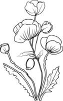 papaver bloem muur decor, huisje tuin bloemen muur decor, gemakkelijk papaver tatoeëren illustratie, opium papaver muur kunst, single lijn kunst bloemen kleur Pagina's, mooi bloem illustratie. vector