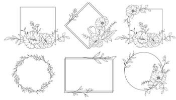 bloemen kaders lijn kunst, prima lijn papaver kaders hand- getrokken illustratie. schets bladeren en bloemen. vector