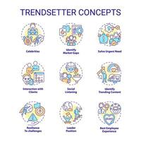 trendsetter concept pictogrammen set. sociaal media. nieuw nadering. voorspellend analyses. afzet strategie. vernieuwend idee. neiging setter idee dun lijn kleur illustraties. geïsoleerd symbolen. bewerkbare beroerte vector