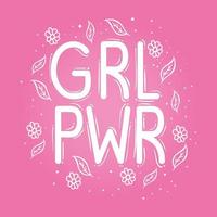 girl power belettering met bladeren en bloemen op roze achtergrond vector