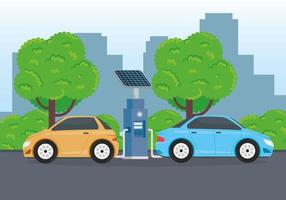 ecologie-alternatief voor elektrische auto's in de scène van het laadstation vector