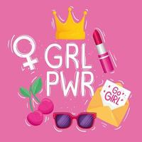 girl power belettering met kroon en set pictogrammen vector