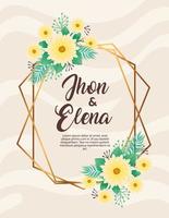 huwelijksuitnodiging met jhon en elena belettering en gele bloemen vector