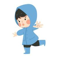schattig jongen slijtage blauw regenjas tekenfilm vector