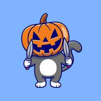 schattig kat vervelend pompoen halloween met mes tekenfilm vector icoon illustratie. dier halloween icoon concept geïsoleerd premie vector. vlak tekenfilm stijl