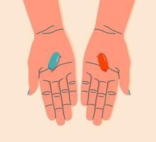 pillen, drugs, vitamines in vrouw handen kleurrijk illustratie. vrouw handen Holding pillen. gezondheidszorg en geneeskunde concept. hand- getrokken modern vlak vector illustratie voor web banier, kaart ontwerp.