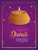 gelukkige diwali diya kaars met sterren vector design